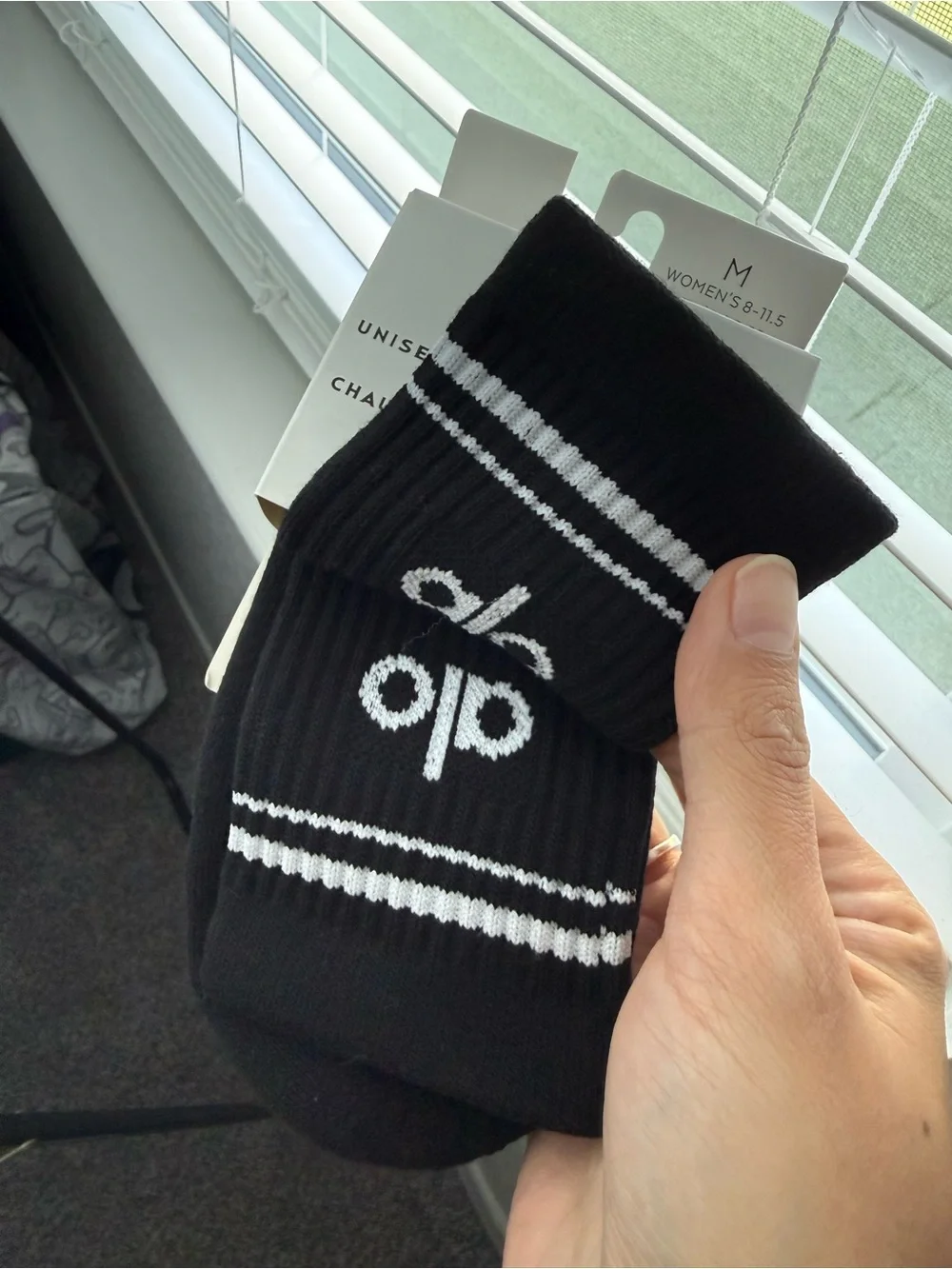 ALO Yoga Black Half-Crew Socks with White Logo & Stripes